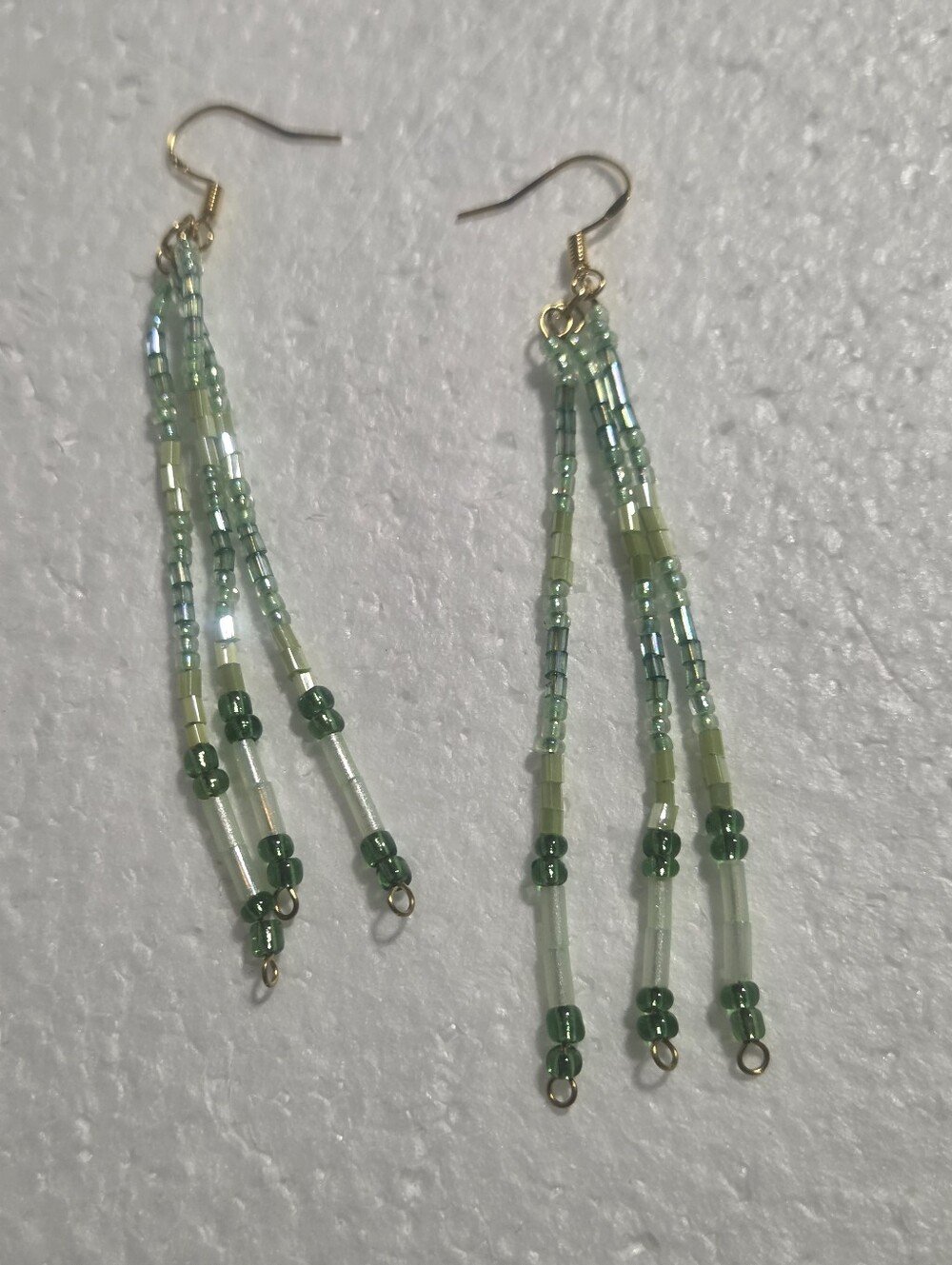 Handcrafted Green Seed Bead Dangle Earrings - Unbranded
